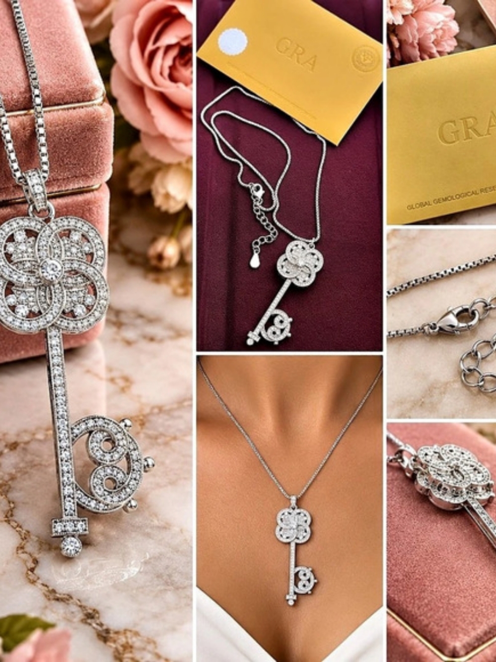 💎 Moissanite Key Necklace with GRA Certificate – Sparkling Silver Pendant